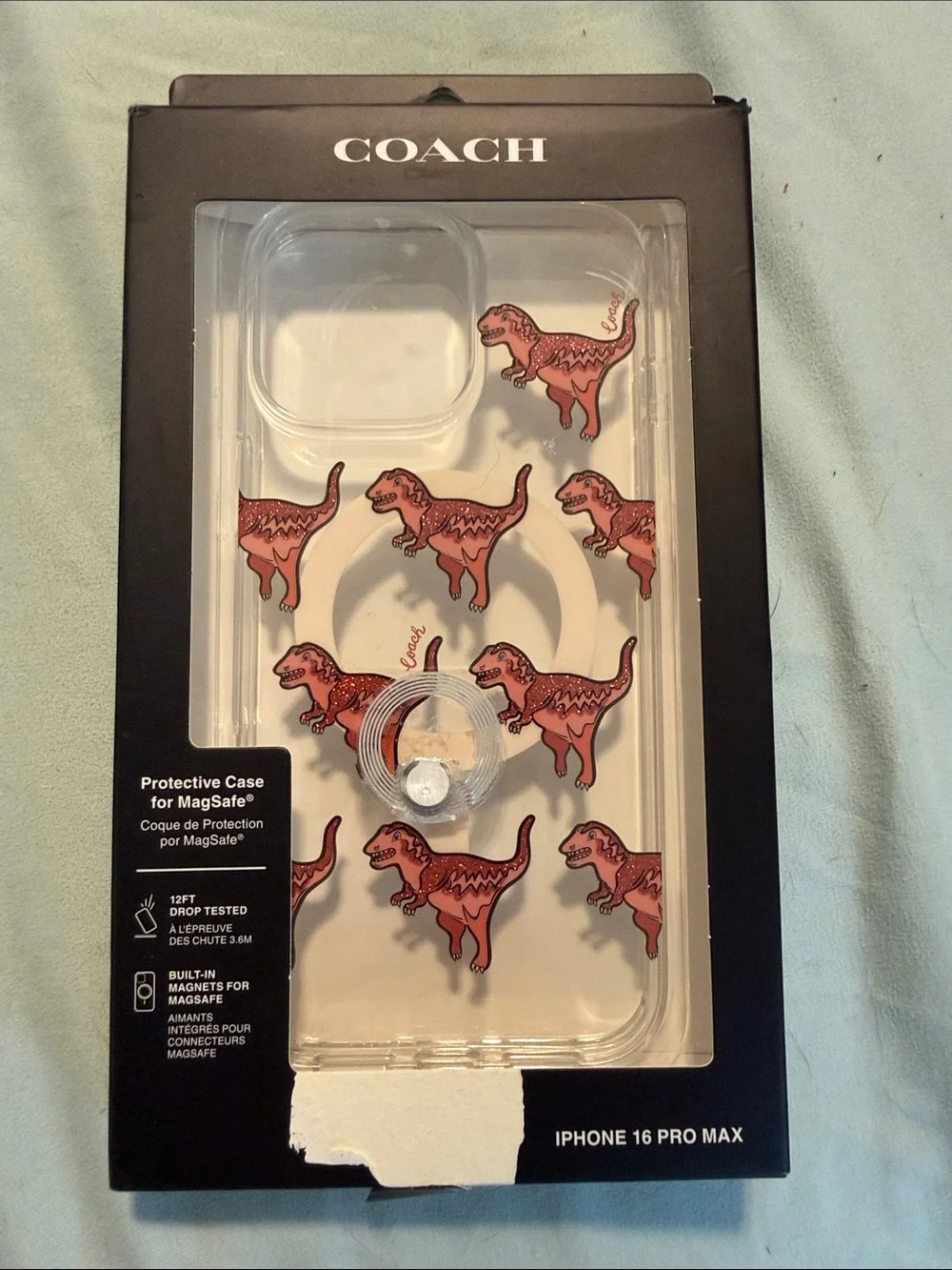Coach Clear MagSafe iPhone 16 Pro Max Case with Red Dinosaur Print